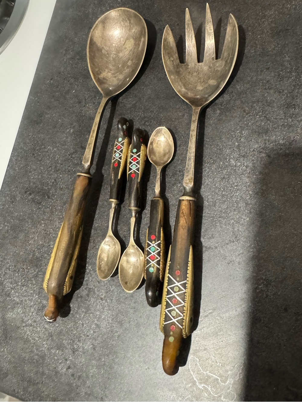 Vintage Jezzine Haddad firebird phoenix bird Serving Spoon and Fork Set - Brown